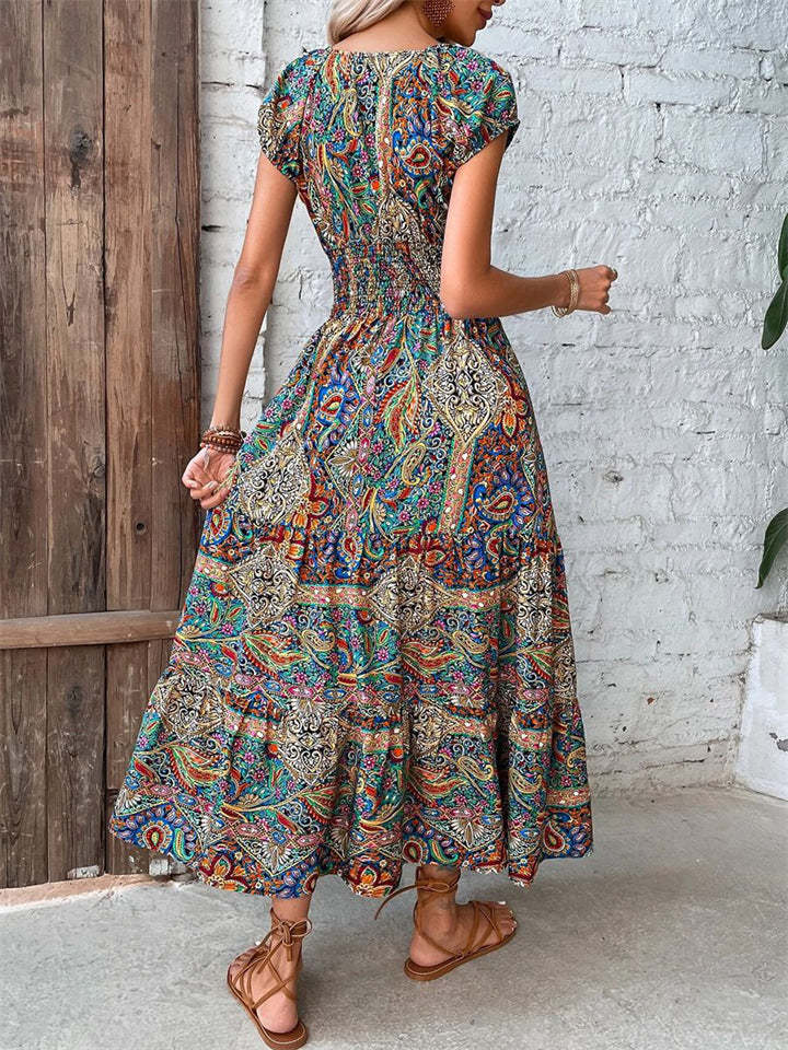 Bohemian V Neck Abstract Print High Waist Long Dress
