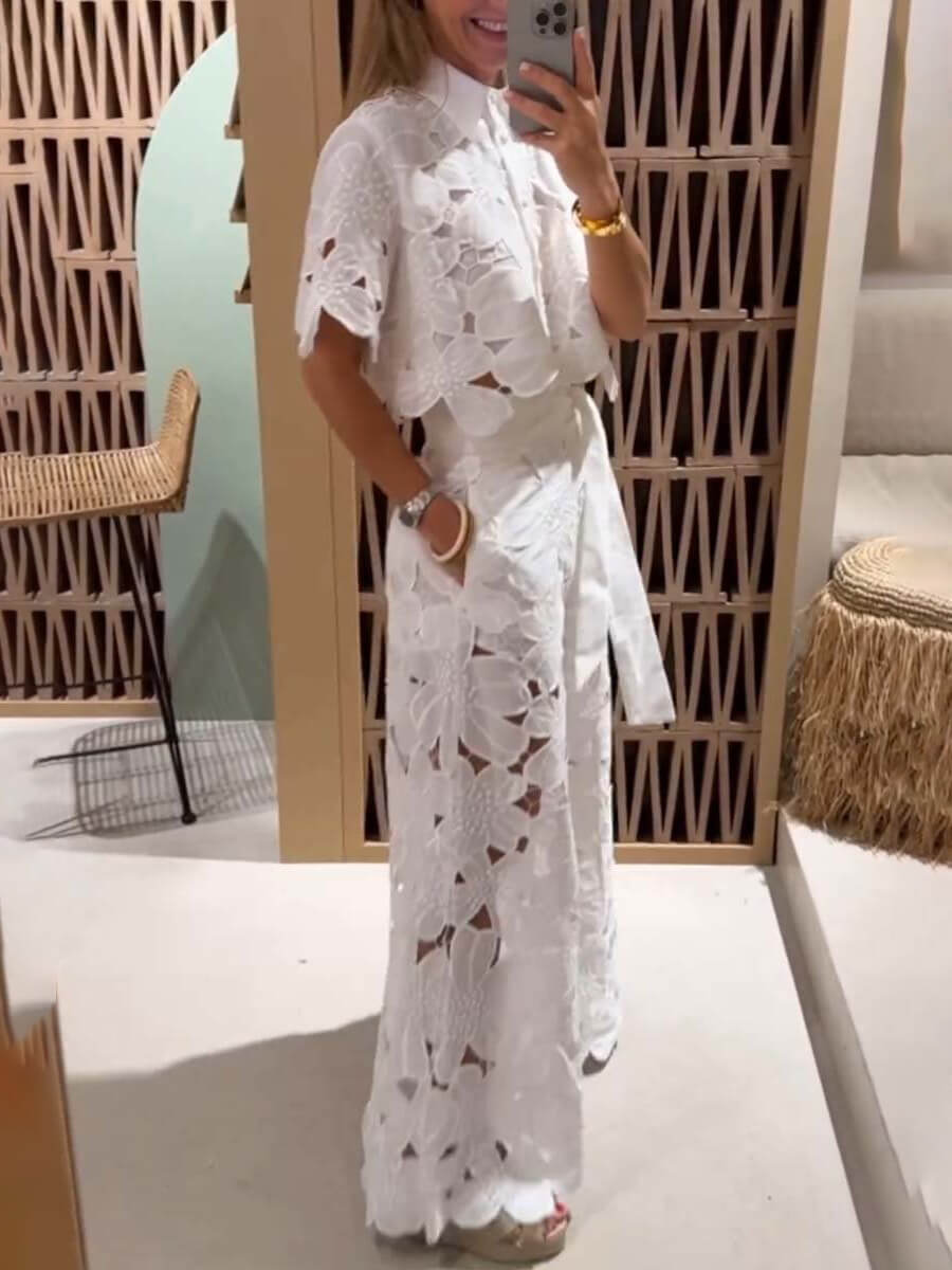 Exquisite Floral Embroidery Sexy Hollow Cardigan Two-Piece Set