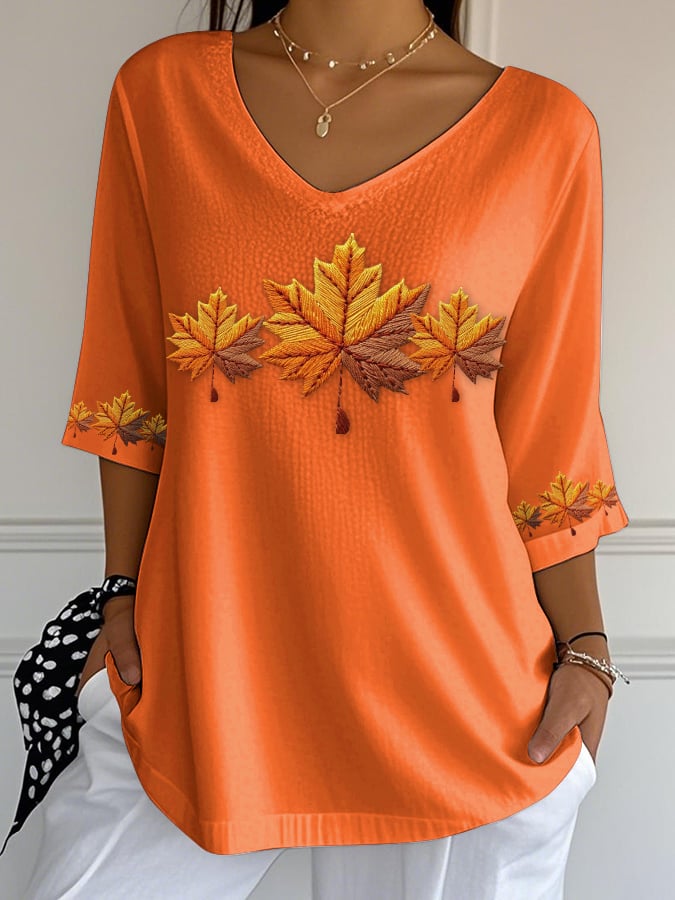 Women's Autumn Maple Leaf Printed Bubble Wrinkle Top