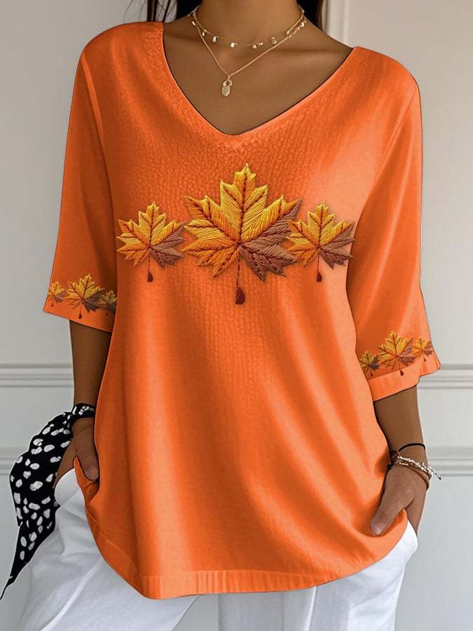 Women's Autumn Maple Leaf Printed Bubble Wrinkle Top