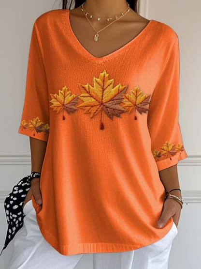 Women's Autumn Maple Leaf Printed Bubble Wrinkle Top