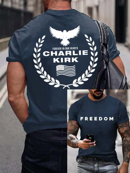 Men's Freedom American Flag Forever In Our Hearts Print Short Sleeve T-shirt