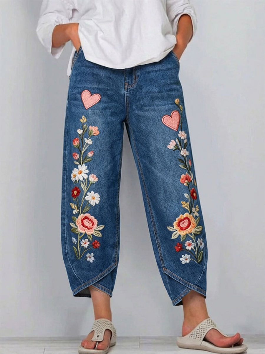 Women's Vintage Floral Art Prints Casual Denim Cotton Pants