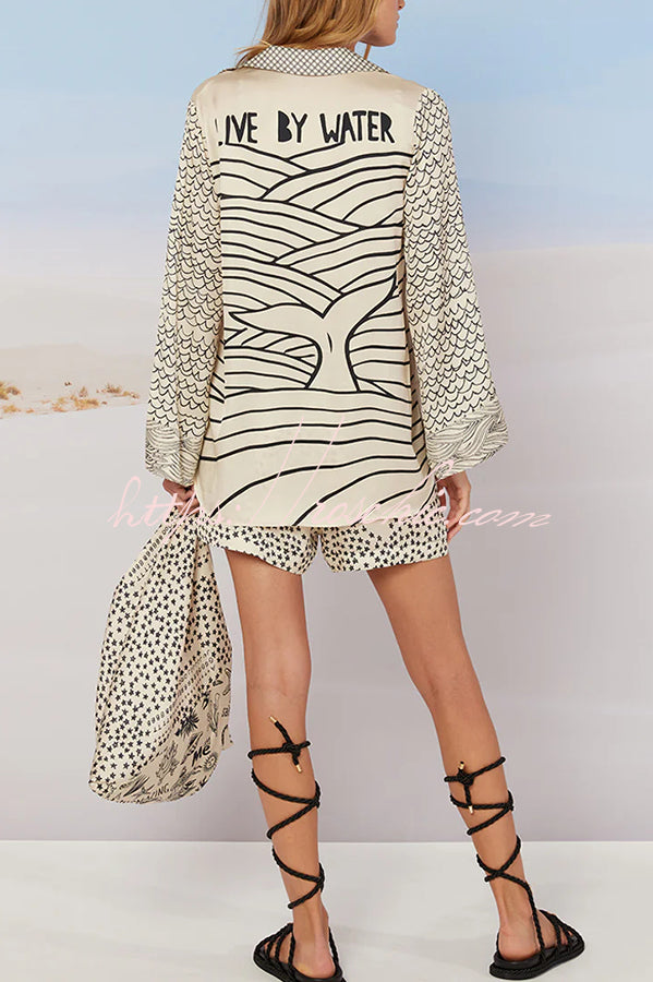 Live By Water Satin Unique Letter Print Tassle Shirt and Elastic Waist Shorts Set