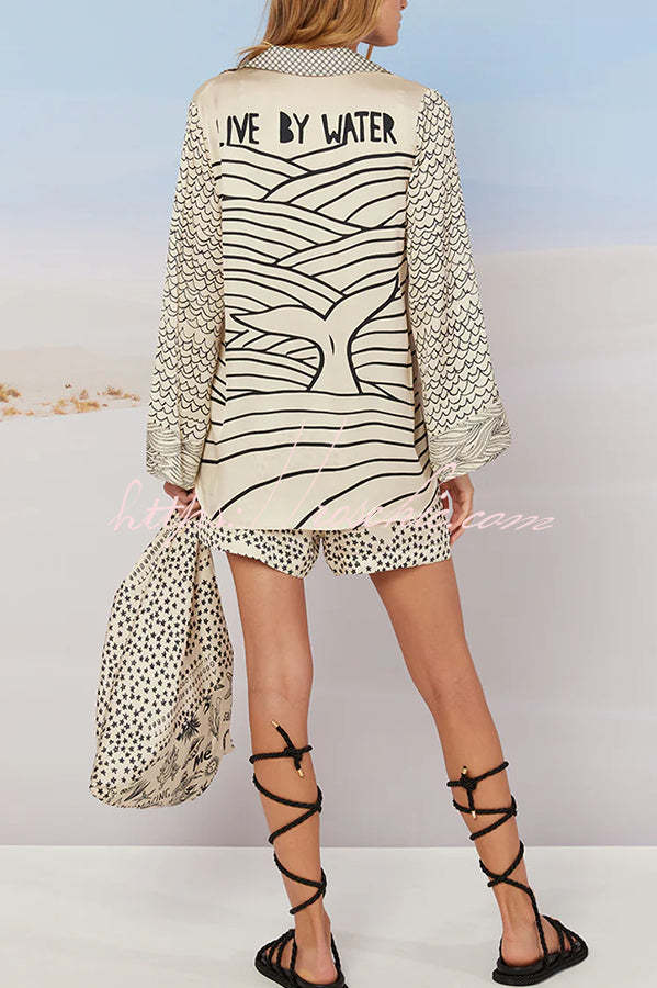 Live By Water Satin Unique Letter Print Tassle Shirt and Elastic Waist Shorts Set