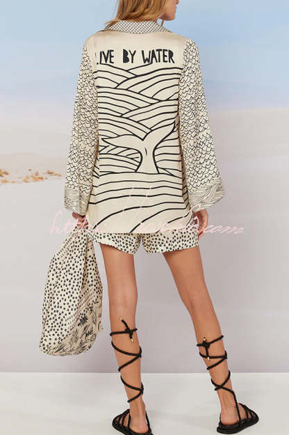 Live By Water Satin Unique Letter Print Tassle Shirt and Elastic Waist Shorts Set