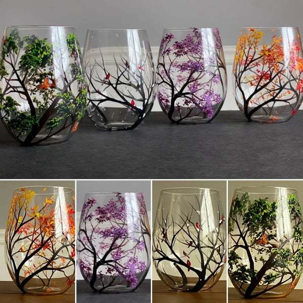 Hand Painted Art - Four Seasons Tree Wine Glasses