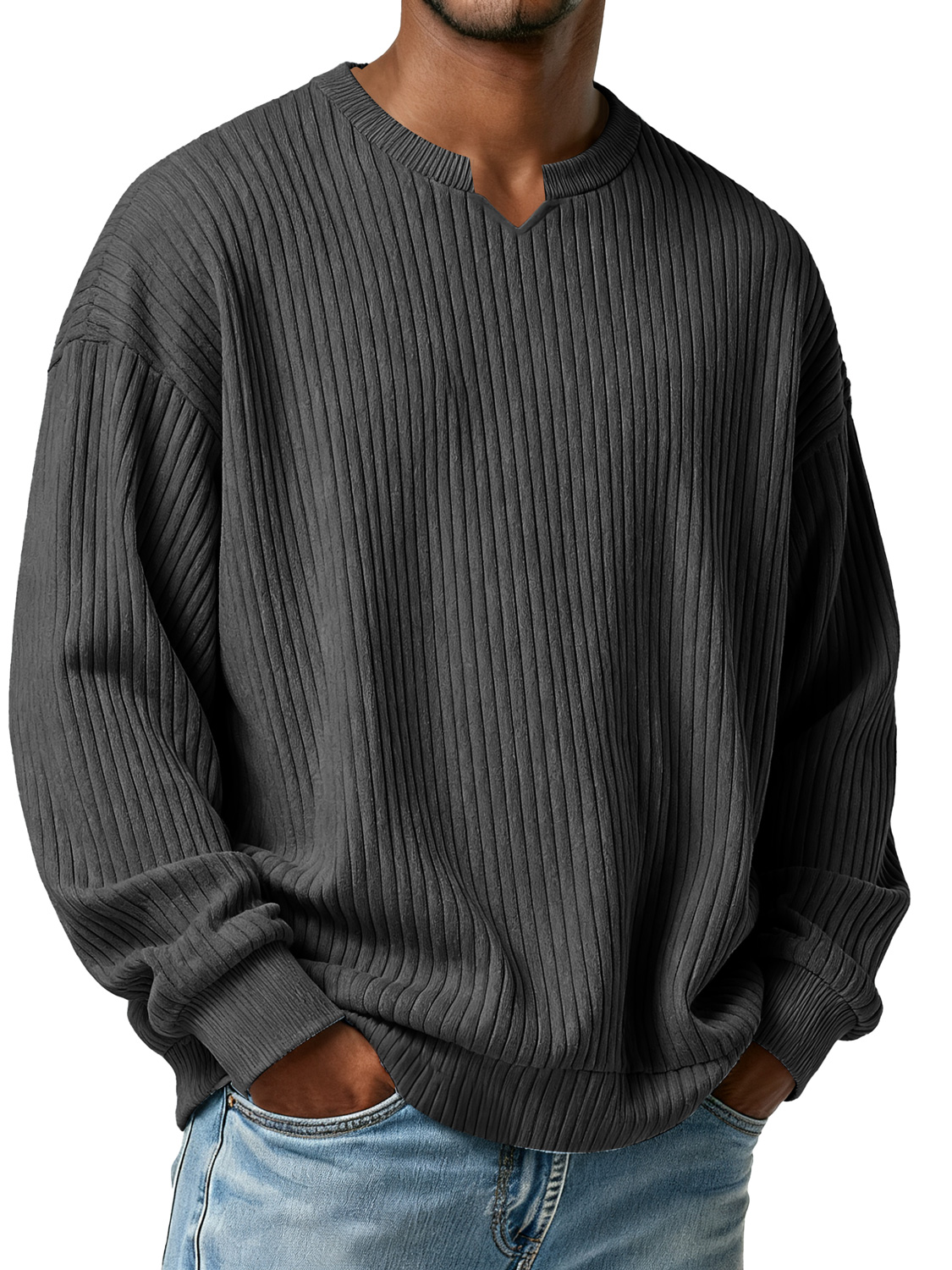 Men's Simple Vertical Ribbed Small V-neck Casual Loose Long-sleeved T-shirt
