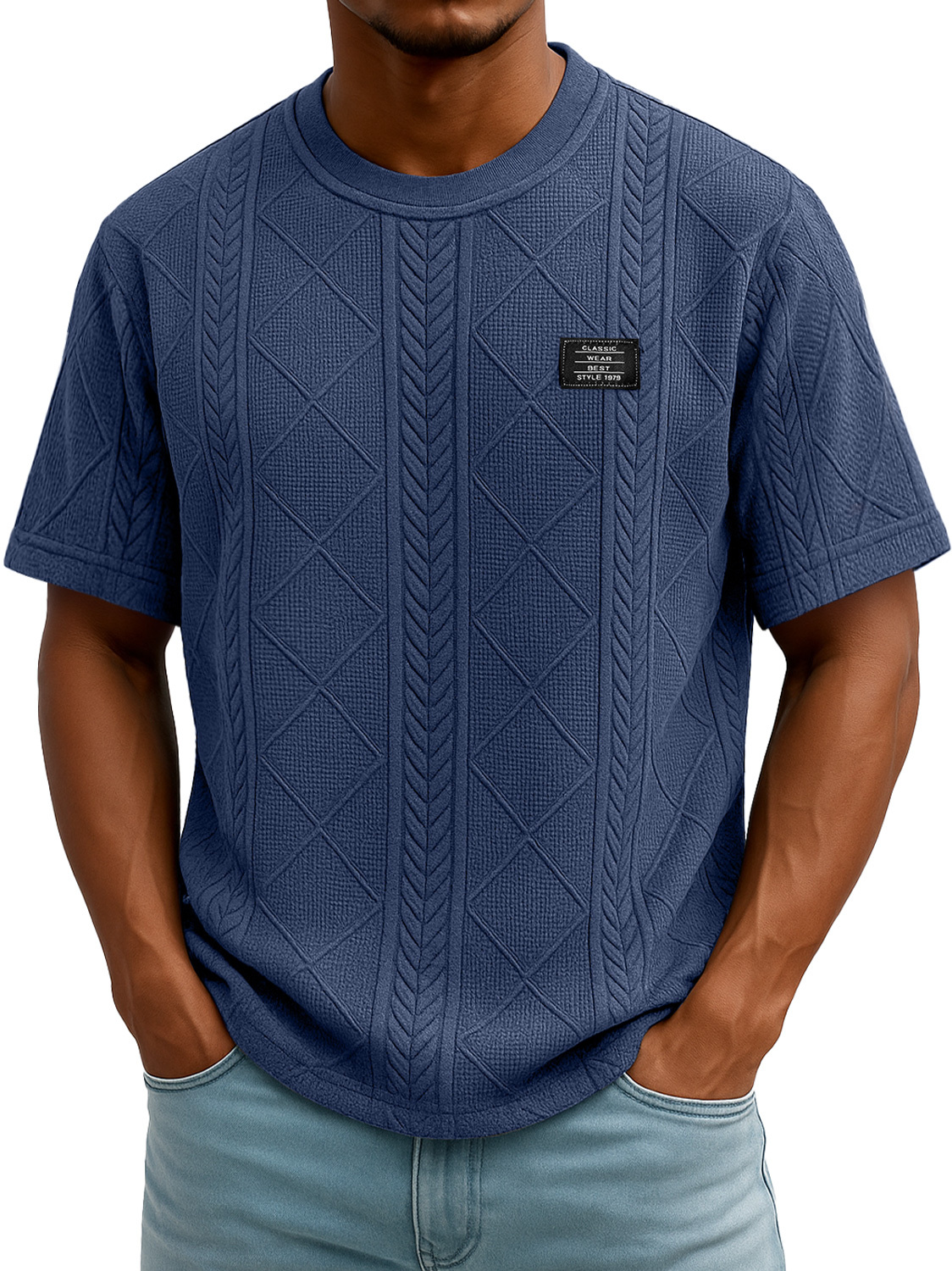 Men's Daily Round Neck Embroidered Logo Casual Texture Short Sleeve T-shirt