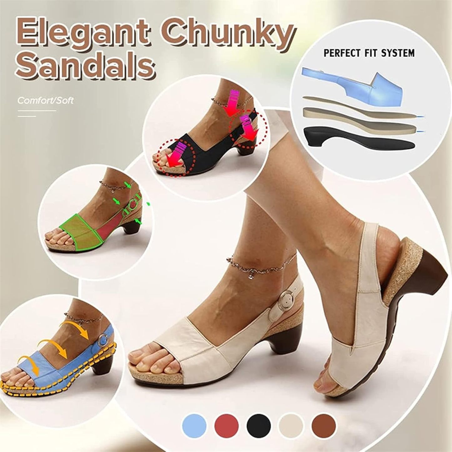 Orthopedic Women Sandals (Top Grain Leather) Breathable Arch Support Wedge Slip on Vintage Summer
