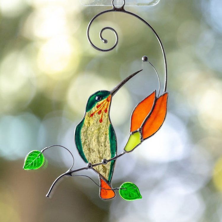Hummingbird stained glass window hangings Orange flower