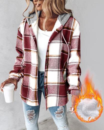 Plaid Pattern Long Sleeve Shacket Button Down Fleece Lined Hooded Jackets Warm Coat