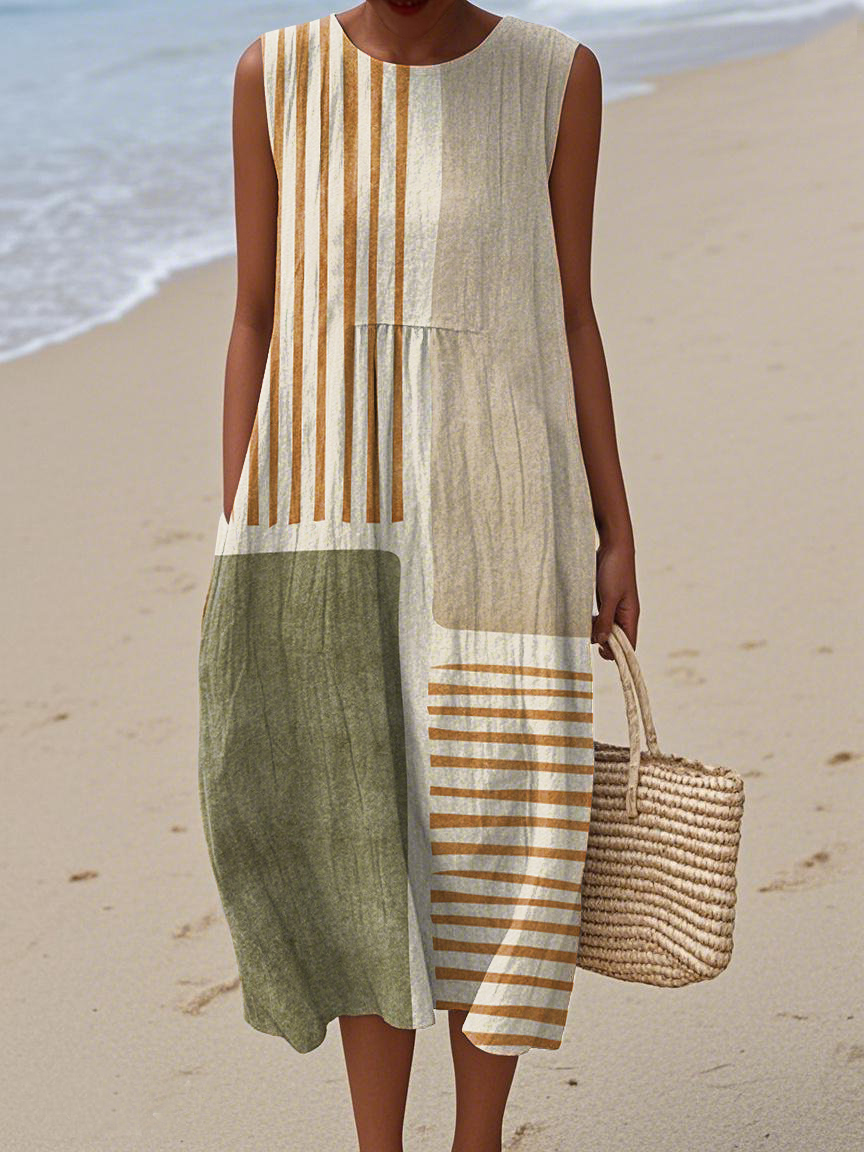 Women's Retro Abstract Geometric Print Cotton and Linen Dress