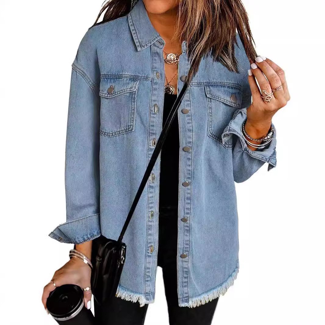 Women's Casual Denim Button Down Distressed Jacket
