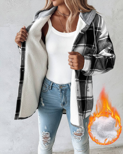 Plaid Pattern Long Sleeve Shacket Button Down Fleece Lined Hooded Jackets Warm Coat