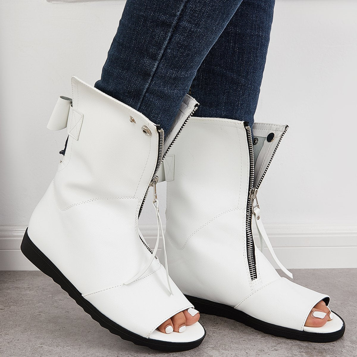 Women's Open Toe Ankle Boots Fashion Flat Booties Zip Up Boots