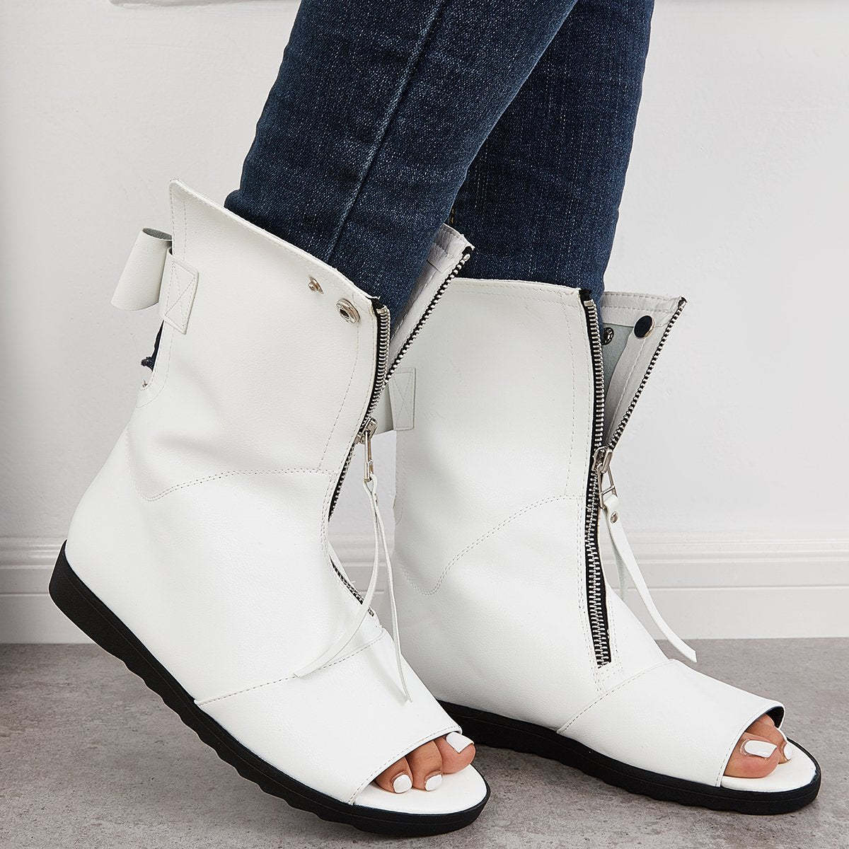 Women's Open Toe Ankle Boots Fashion Flat Booties Zip Up Boots