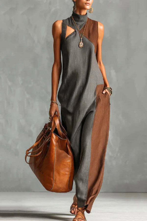 Stylish Color-blocked High-neck Sleeveless Casual Pocket Maxi Dress