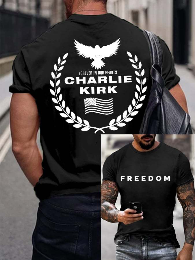 Men's Freedom American Flag Forever In Our Hearts Print Short Sleeve T-shirt