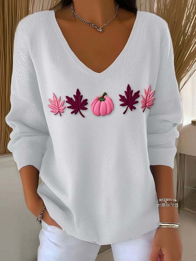 Women's Casual Pink Maple Leaf Pumpkin Striped Autumn And Winter Bottoming Shirt