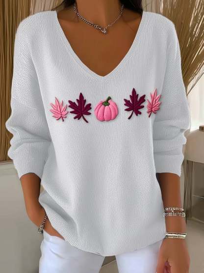Women's Casual Pink Maple Leaf Pumpkin Striped Autumn And Winter Bottoming Shirt
