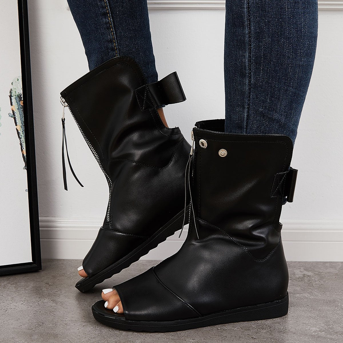 Women's Open Toe Ankle Boots Fashion Flat Booties Zip Up Boots
