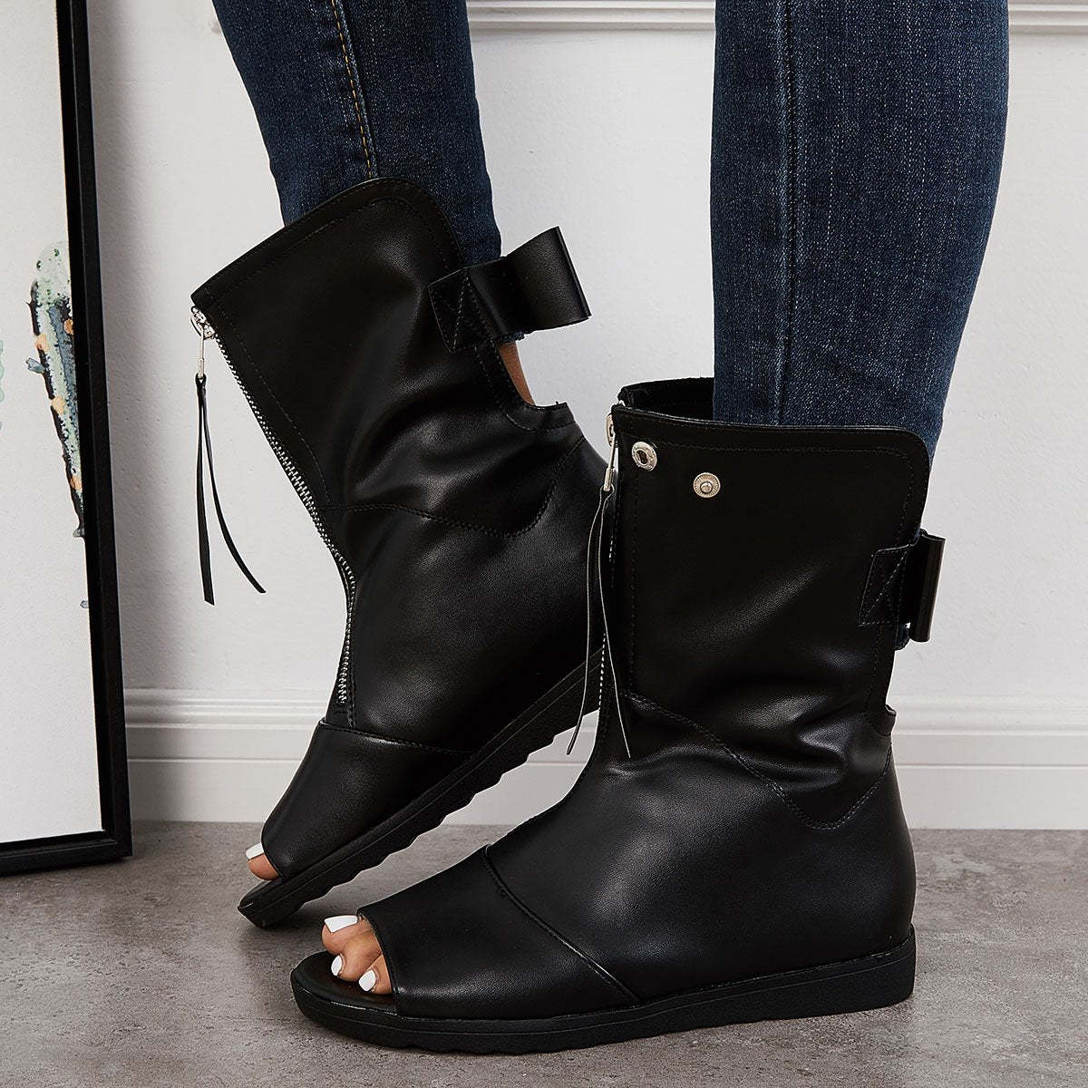 Women's Open Toe Ankle Boots Fashion Flat Booties Zip Up Boots
