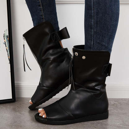 Women's Open Toe Ankle Boots Fashion Flat Booties Zip Up Boots