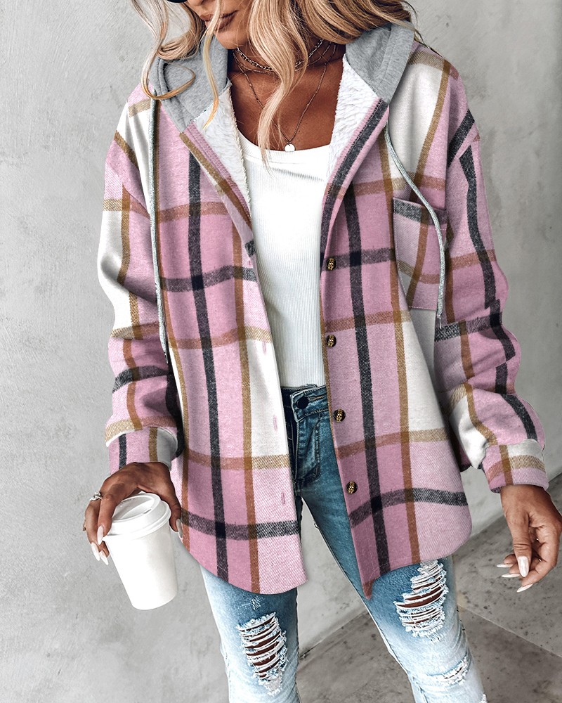 Plaid Pattern Long Sleeve Shacket Button Down Fleece Lined Hooded Jackets Warm Coat