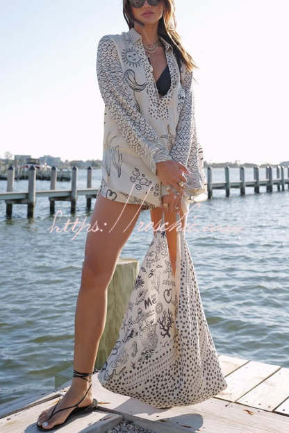 Live By Water Satin Unique Letter Print Tassle Shirt and Elastic Waist Shorts Set