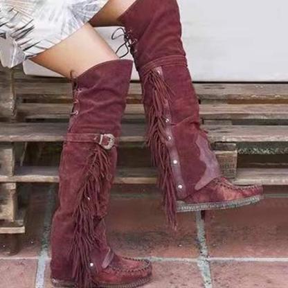 Women's Over The Knee Tassel Rivet Flat Boots