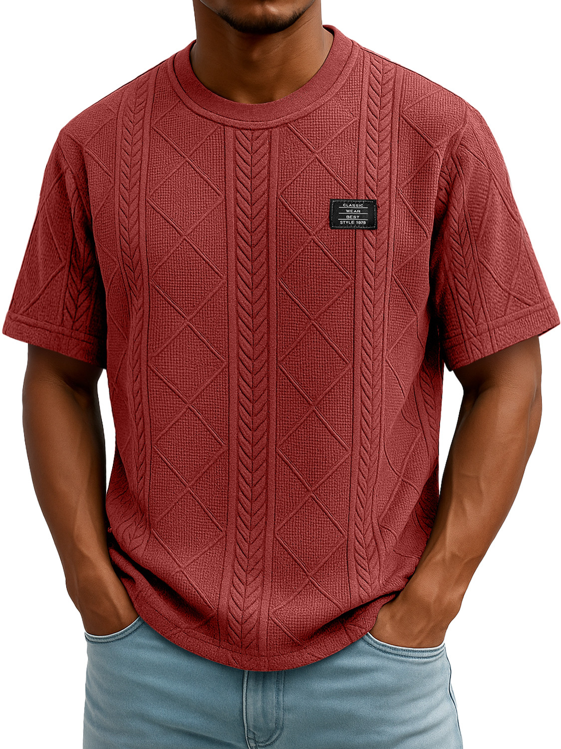 Men's Daily Round Neck Embroidered Logo Casual Texture Short Sleeve T-shirt