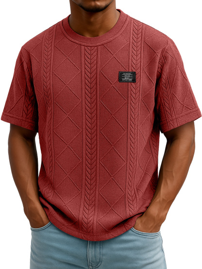 Men's Daily Round Neck Embroidered Logo Casual Texture Short Sleeve T-shirt