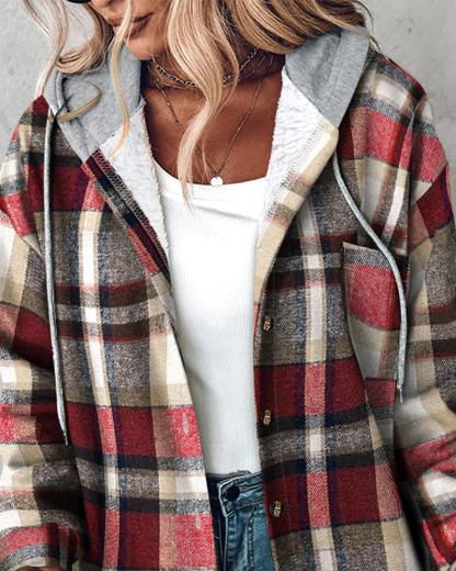 Plaid Pattern Long Sleeve Shacket Button Down Fleece Lined Hooded Jackets Warm Coat
