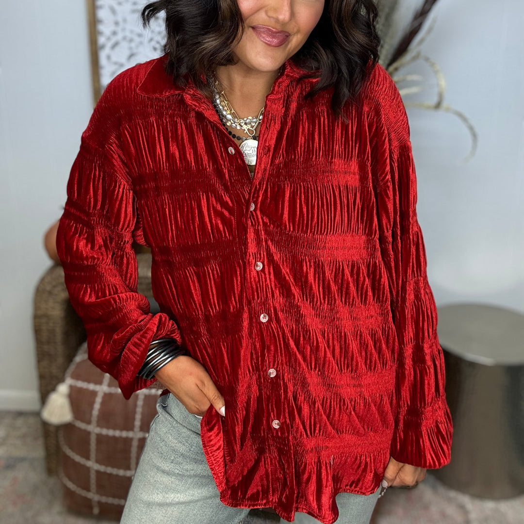 Shirred Velvet Button Down Top
