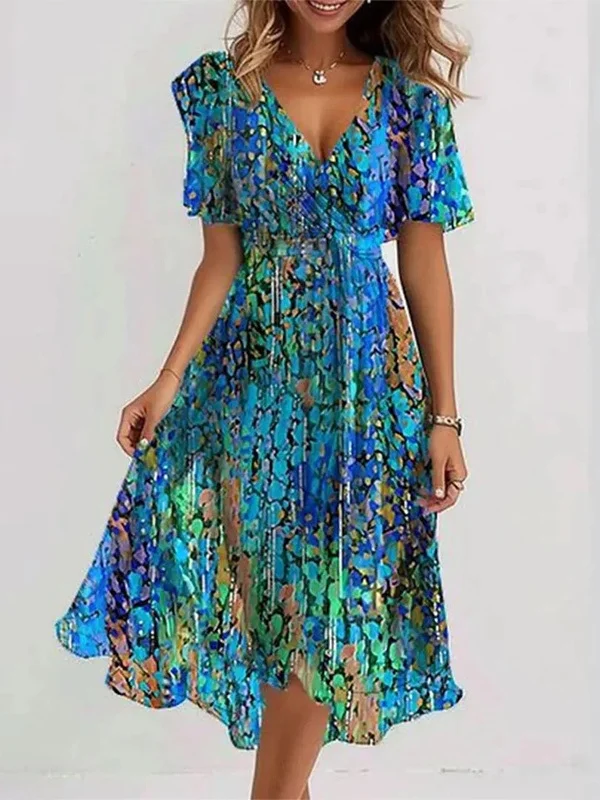 Women's Short Sleeve Summer Green Floral Printing V Neck Daily Going Out Vintage Maxi A-Line Ruffle Skirt Dress