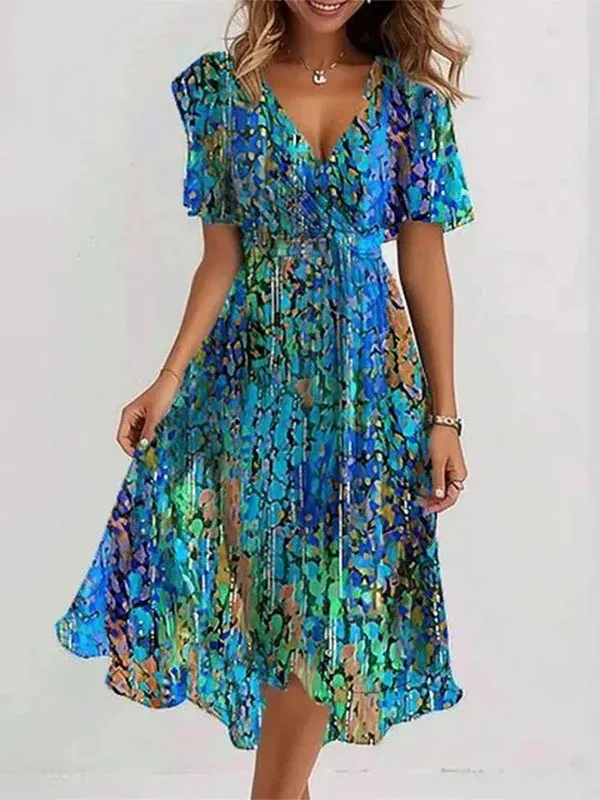 Women's Short Sleeve Summer Green Floral Printing V Neck Daily Going Out Vintage Maxi A-Line Ruffle Skirt Dress