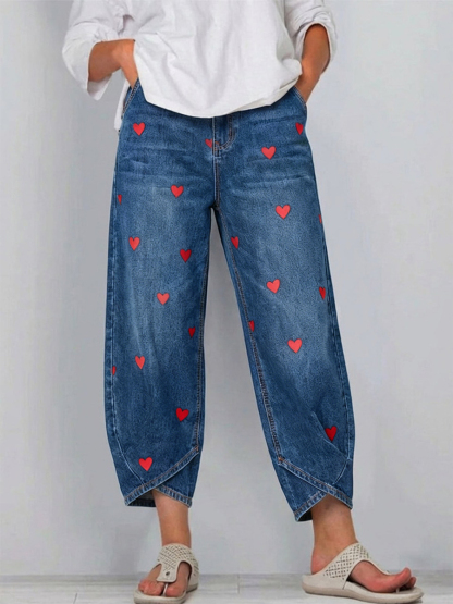 Women's Valentine's Day Heart Art Prints Casual Denim Cotton Pants