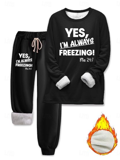 Women's Pajamas Set Fleece Lined 2 Pieces Sweatshirt Tracksuits Loungewear Set Pyjamas Fleece Fluffy Long Sleeve Top and Pant Text Print Comfort Casual Home Wear Drawstring Solid Cozy Winter