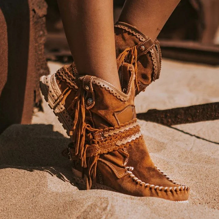 Women's Retro Leather Round-toe Flat Heel Tassel Boots Silverstone Marine Turquoise Moccasin Vintage Stone-washed Shoes