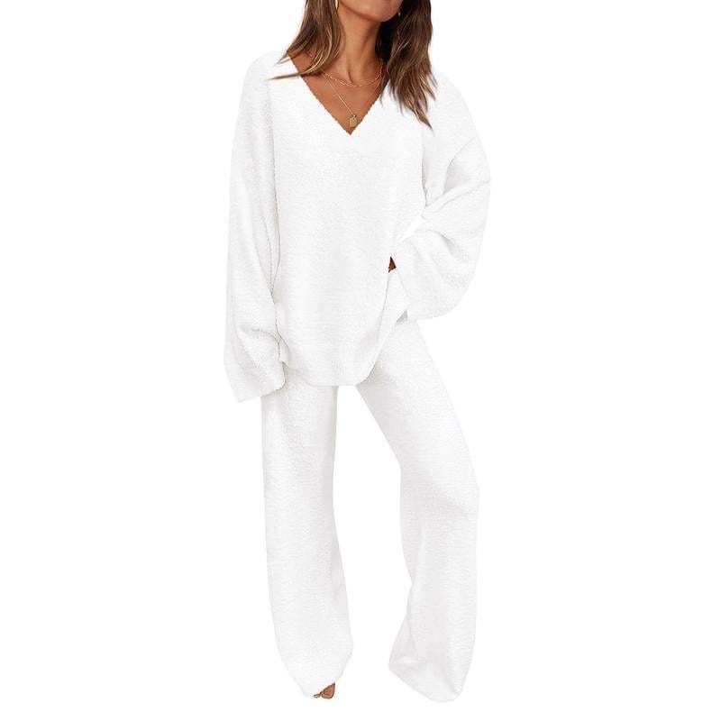 PRETTYGARDEN Women's 2-Piece Lounge Set Soft Chunky V Neck Tops & Wide Leg Long Pants Basic Tracksuit Loungewear Minimalist Homewear Pajama[Buy 2 Free Shipping]