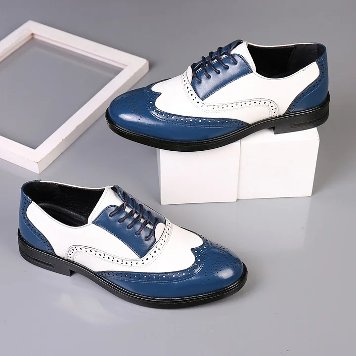 Men's white yellow patch wingtip brogue oxfords Lace-up formal business loafers shoes