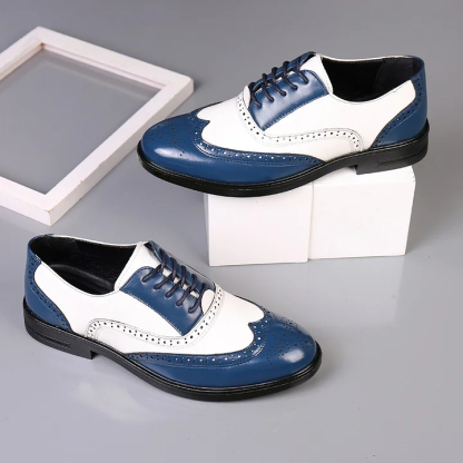 Men's white yellow patch wingtip brogue oxfords Lace-up formal business loafers shoes