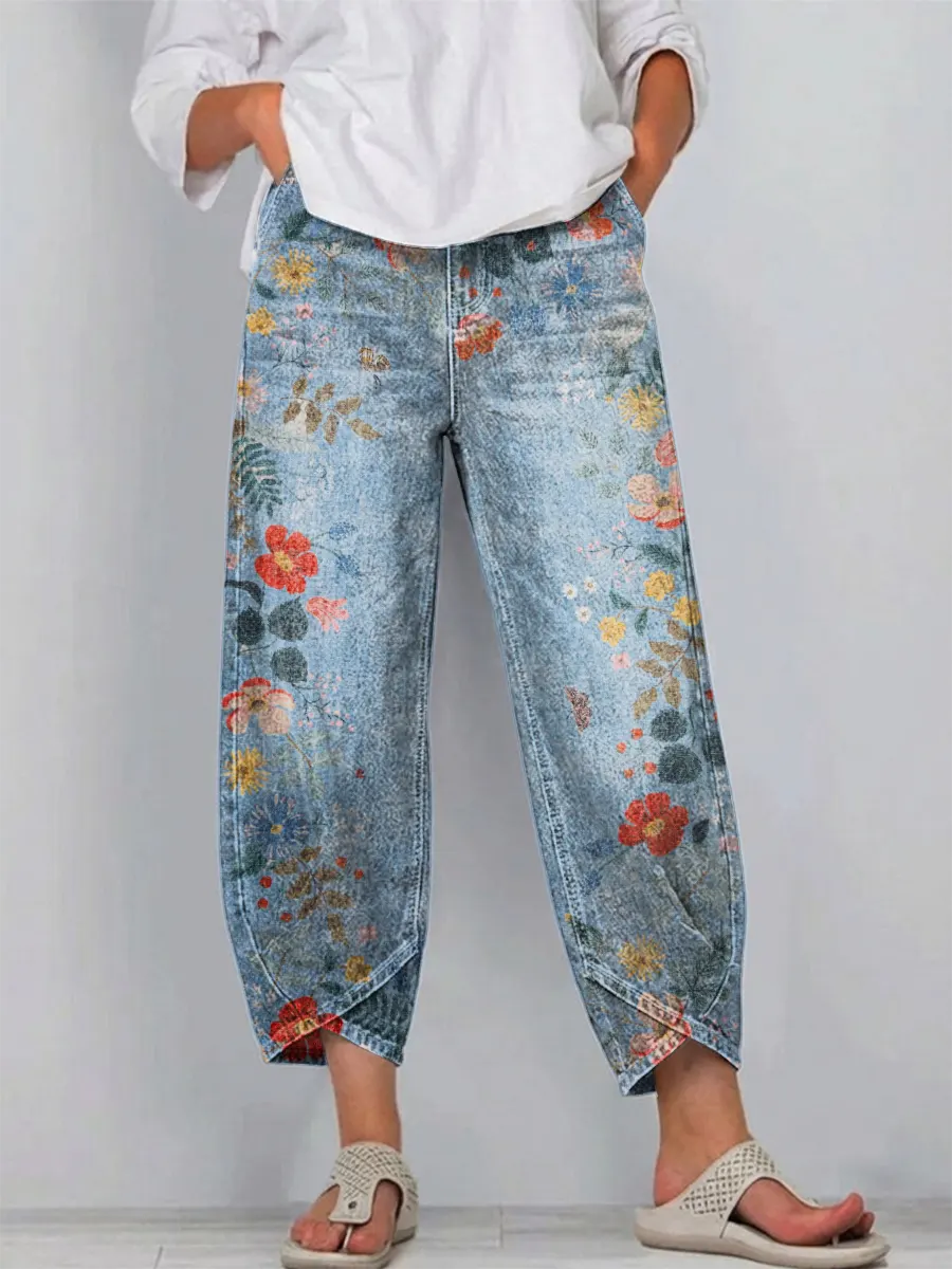 Women's Vintage Floral Pattern Art Print Casual Cotton Denim Pants