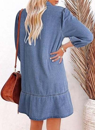 ⏰Hot Sale-Women's V-neck Puff Sleeve Denim Layered Dress