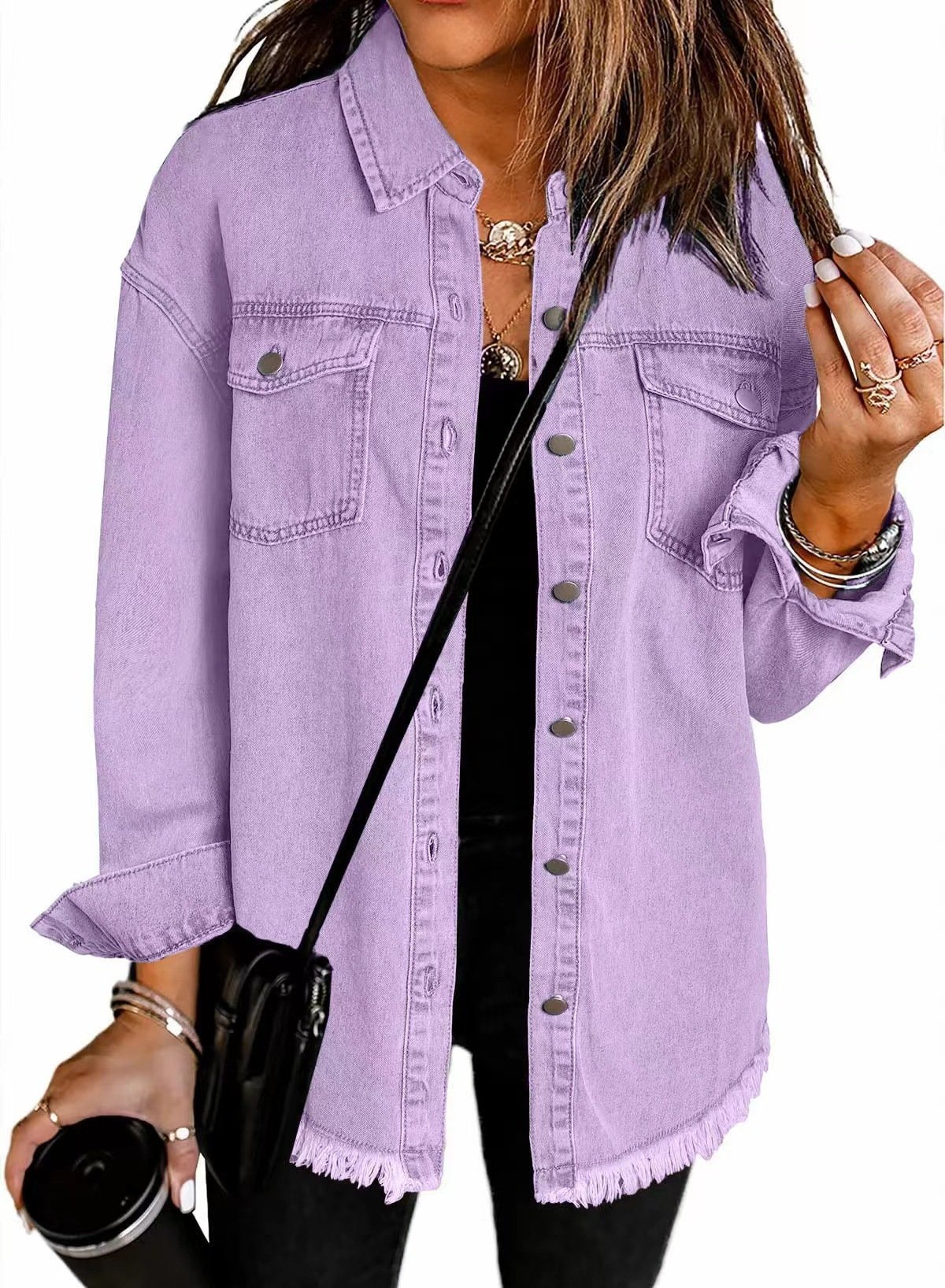 Women's Casual Denim Button Down Distressed Jacket