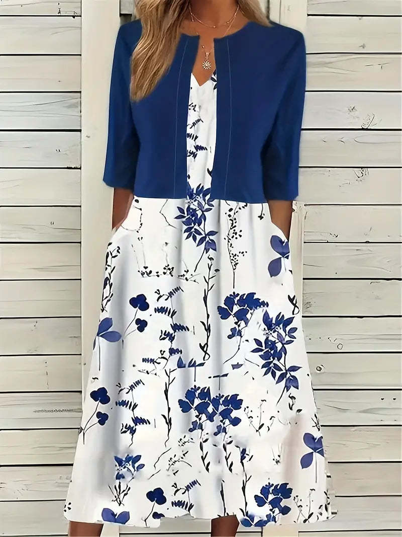 V Neck Half Sleeve Floral Two Piece Midi Dress