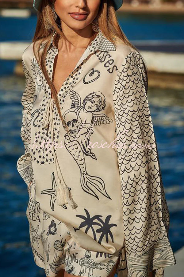 Live By Water Satin Unique Letter Print Tassle Shirt and Elastic Waist Shorts Set