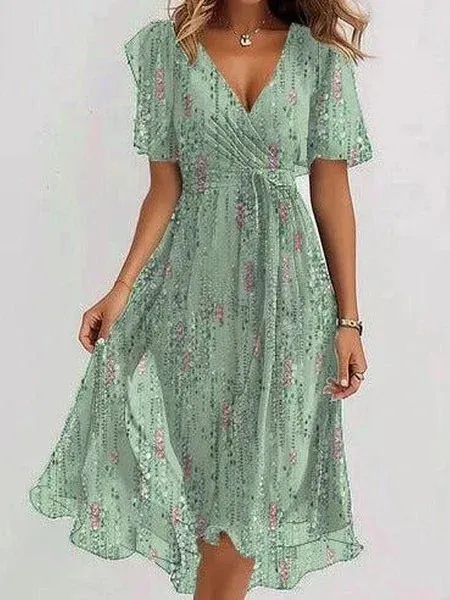 Women's Short Sleeve Summer Green Floral Printing V Neck Daily Going Out Vintage Maxi A-Line Ruffle Skirt Dress