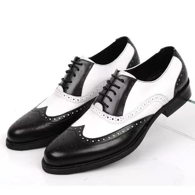 Men's white yellow patch wingtip brogue oxfords Lace-up formal business loafers shoes